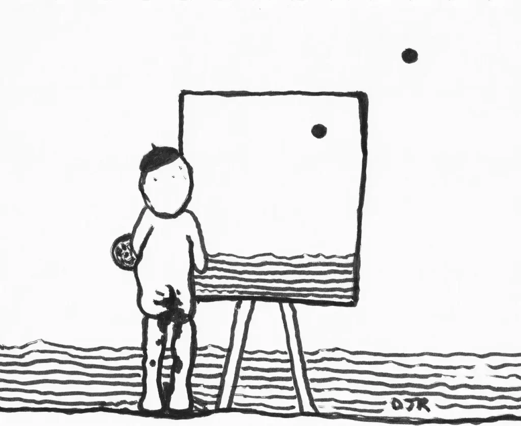 A drawing by Daniel Joshua Rubin of a naked artist painting the sunrise.