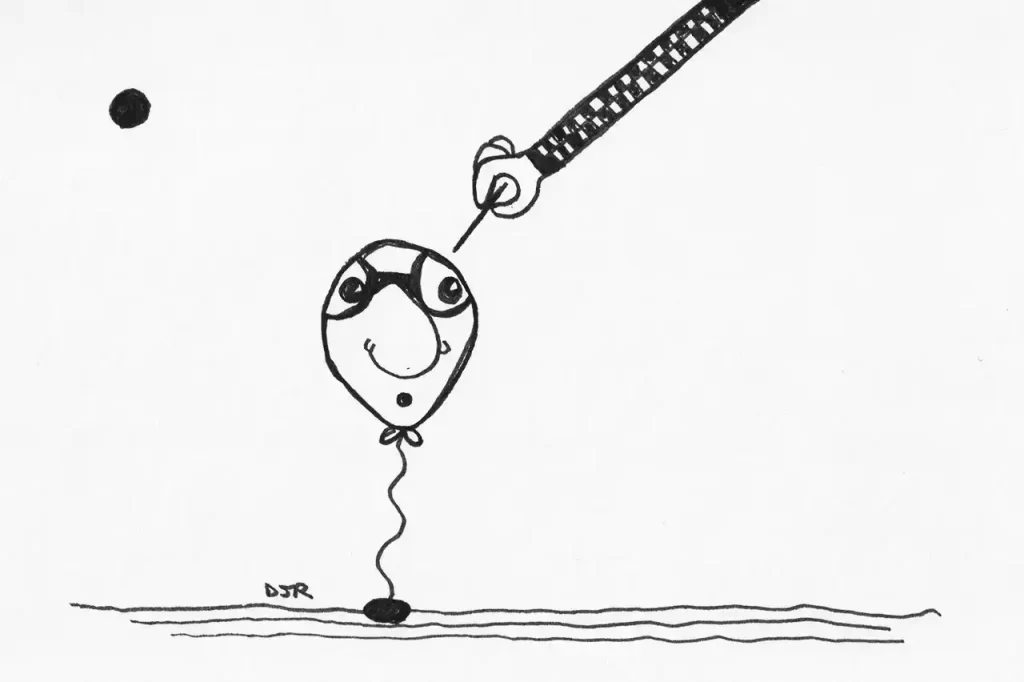 Comic art by Daniel Joshua Rubin of a balloon with a face realizing he's about to be popped.