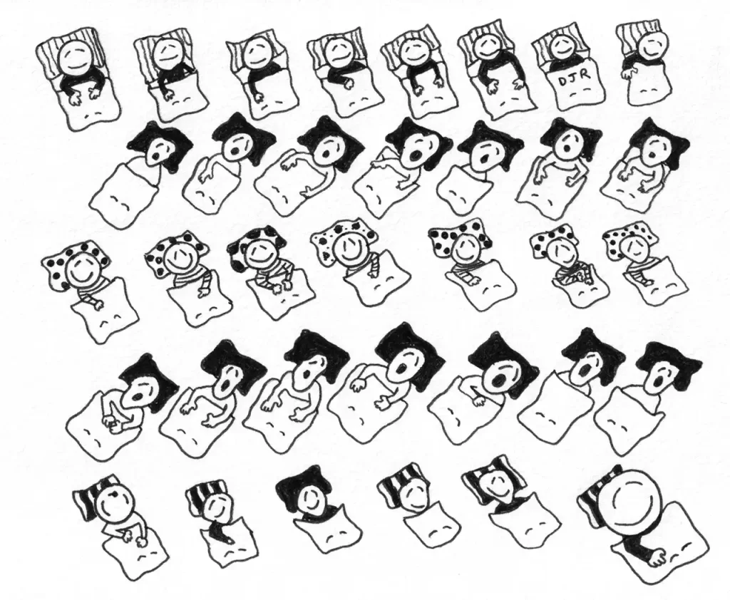 Comic art by Daniel Joshua Rubin featuring 35 little men in little beds all sleeping peaceefully