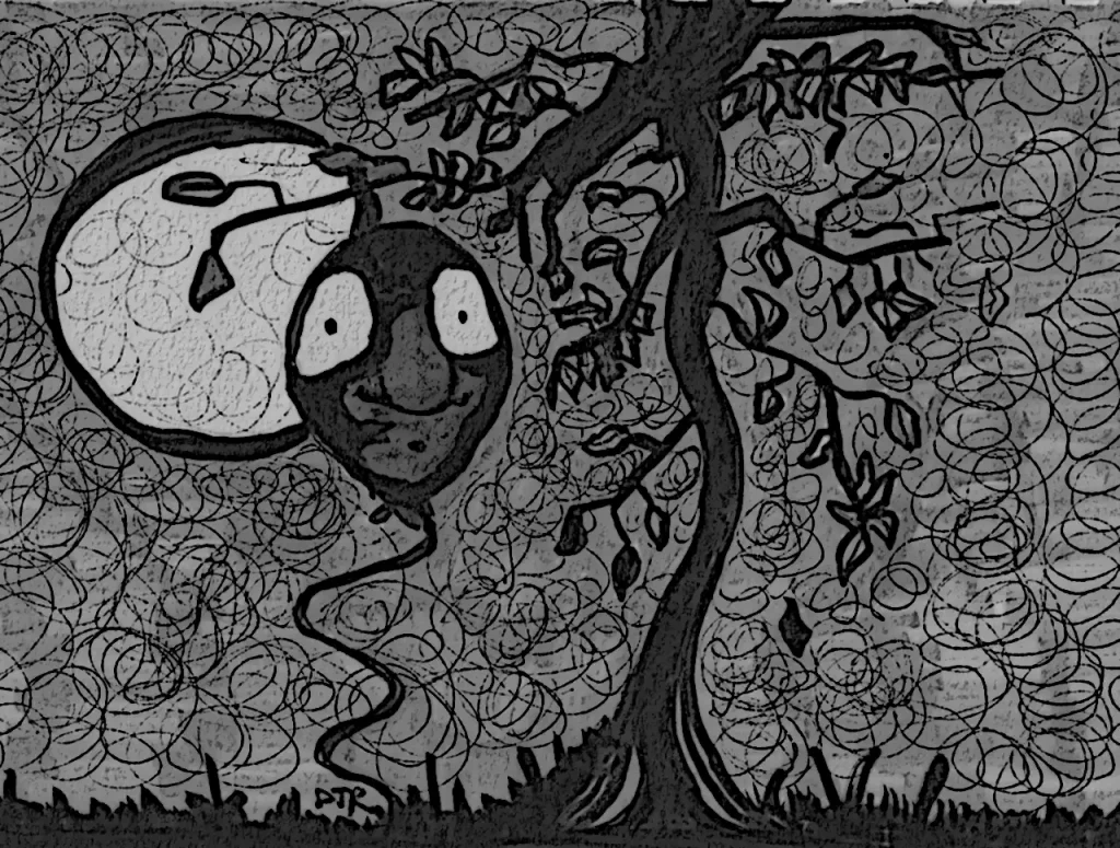 Comic art by Daniel Joshua Rubin featuring a conscious balloon worrying alone in the woods at night.