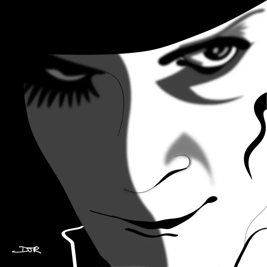 An illustration by Daniel Joshua Rubin of Alex DeLarge as played by Malcolm McDowell in Stanley Kubrick's film adaptation of Anthony Burgess's novel, A Clockwork Orange