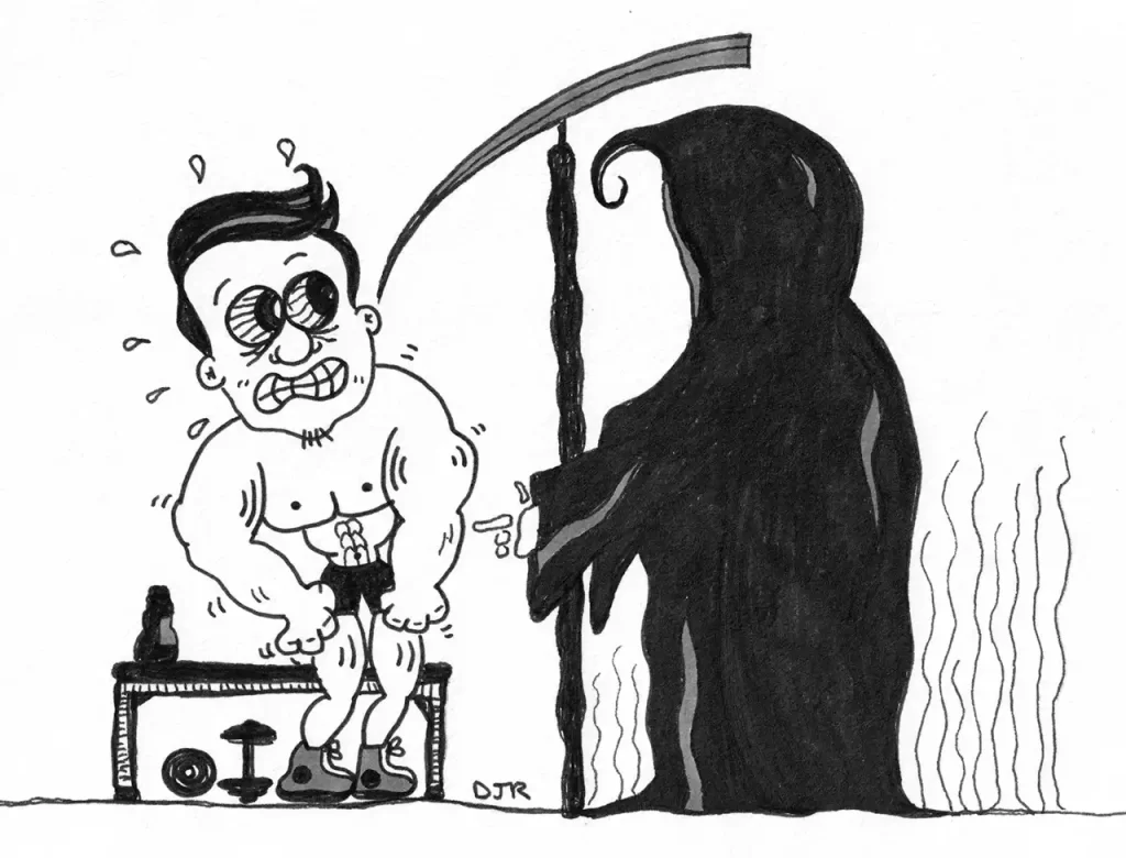 Comic art by Daniel Joshua Rubin featuring a flexing muscle man terrified of a scythe-wielding Death about to touch his muscles.
