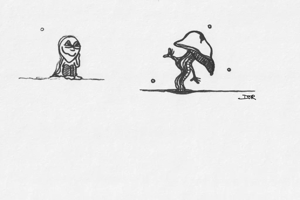 A little fellow tripping his balls off, watching a humanoid mushroom dance.