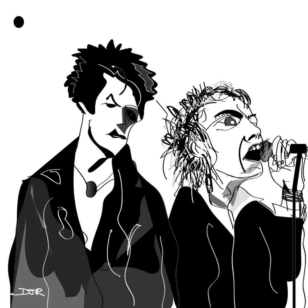 An illustration of The Sex Pistols Sid Vicious and Johnny Rotten singing.