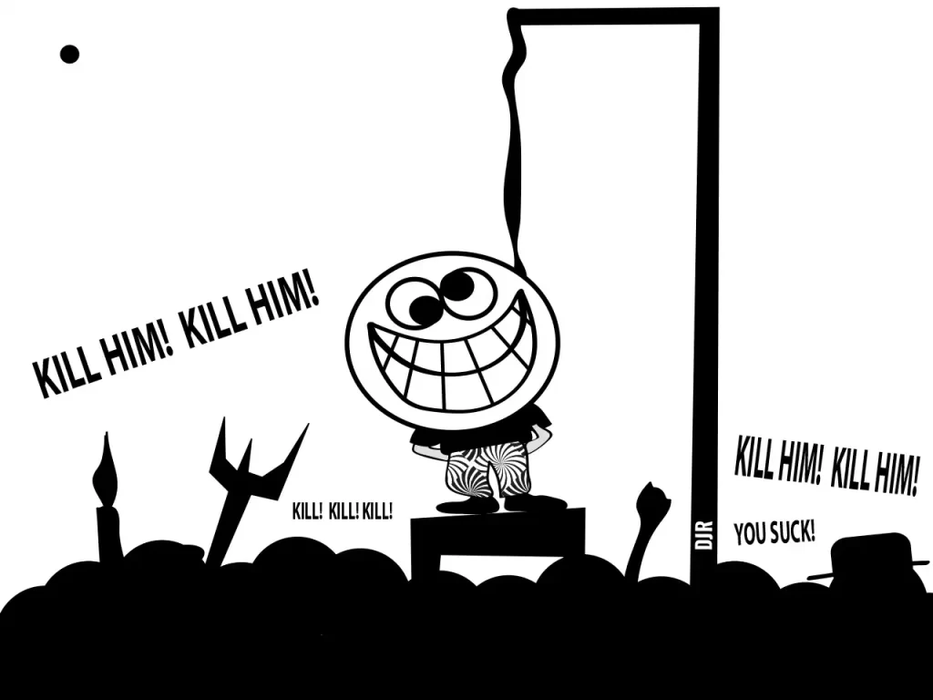 An illustration by Daniel Joshua Rubin of The Cockeyed Optimist about to be hanged in the town square.