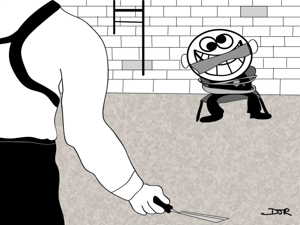 An illustration of the Cockeyed Optimist about to be cut up by Reservoir Dogs' Mr. Blonde
