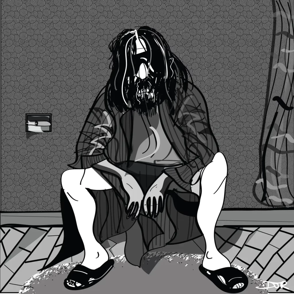 An illustration by DJR of Jeff Bridges as "The Dude" from the Coen Brothers film The Big Lebowksi. This is the moment after his rug has been peed on, the one that really tied the room together.