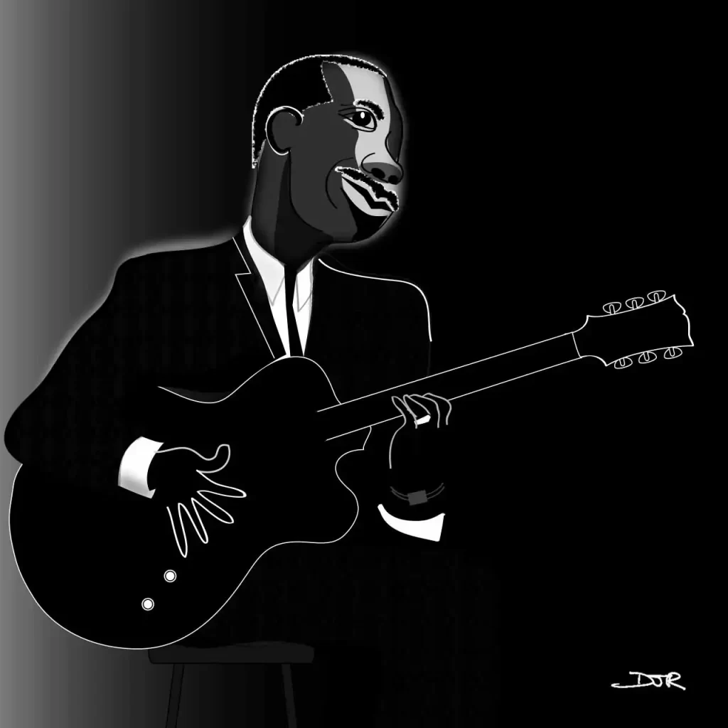 An illustration of the great jazz guitarist Wes Montgomery by Daniel Joshua Rubin.