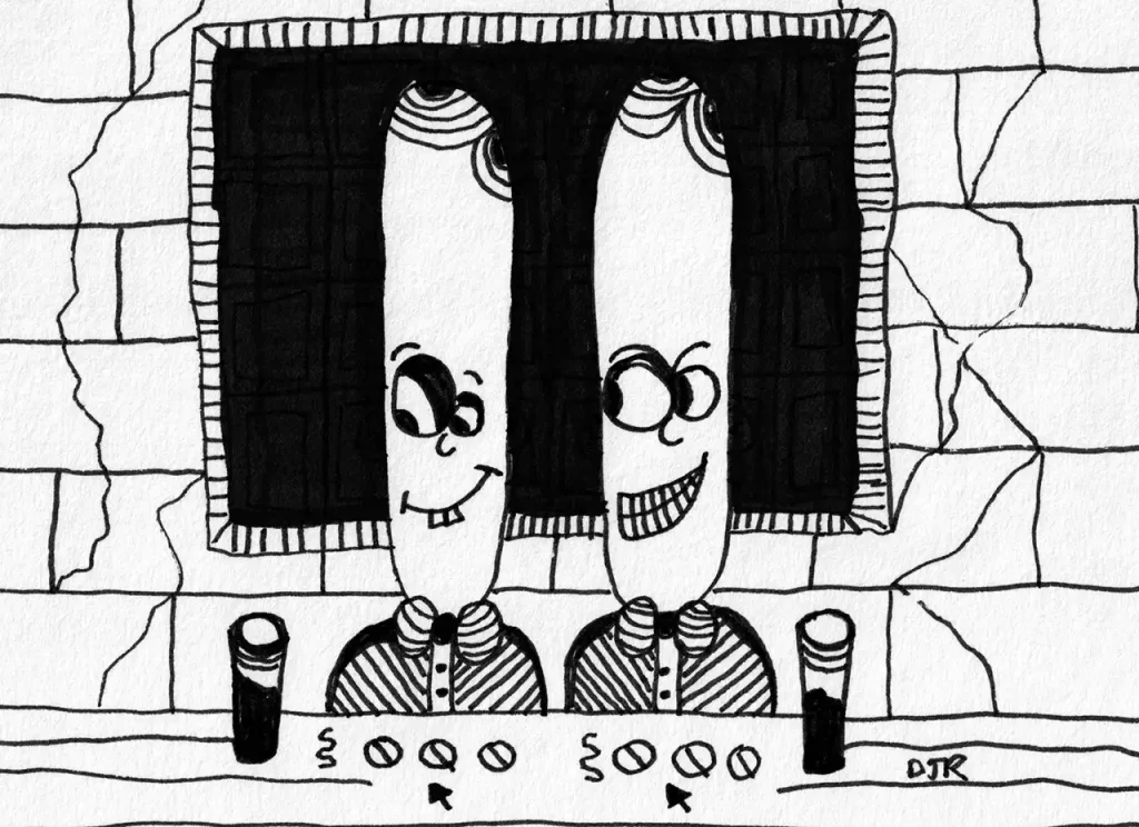 Comic art by Daniel Joshua Rubin featuring two strange-looking young men plotting with ill intent.