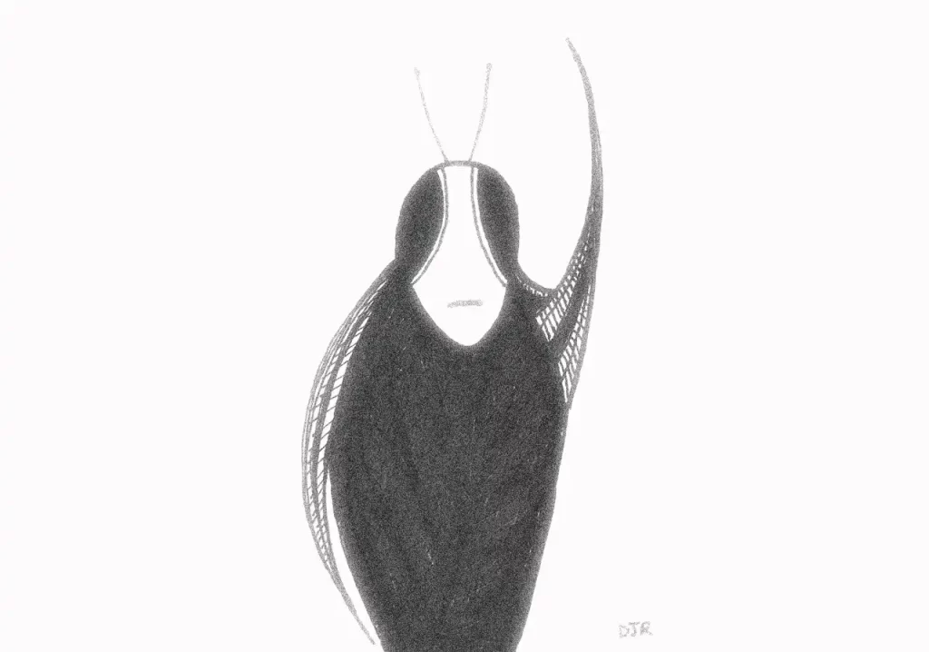 Comic art by Daniel Joshua Rubin of a strange black insect that appears to be a cult leader.