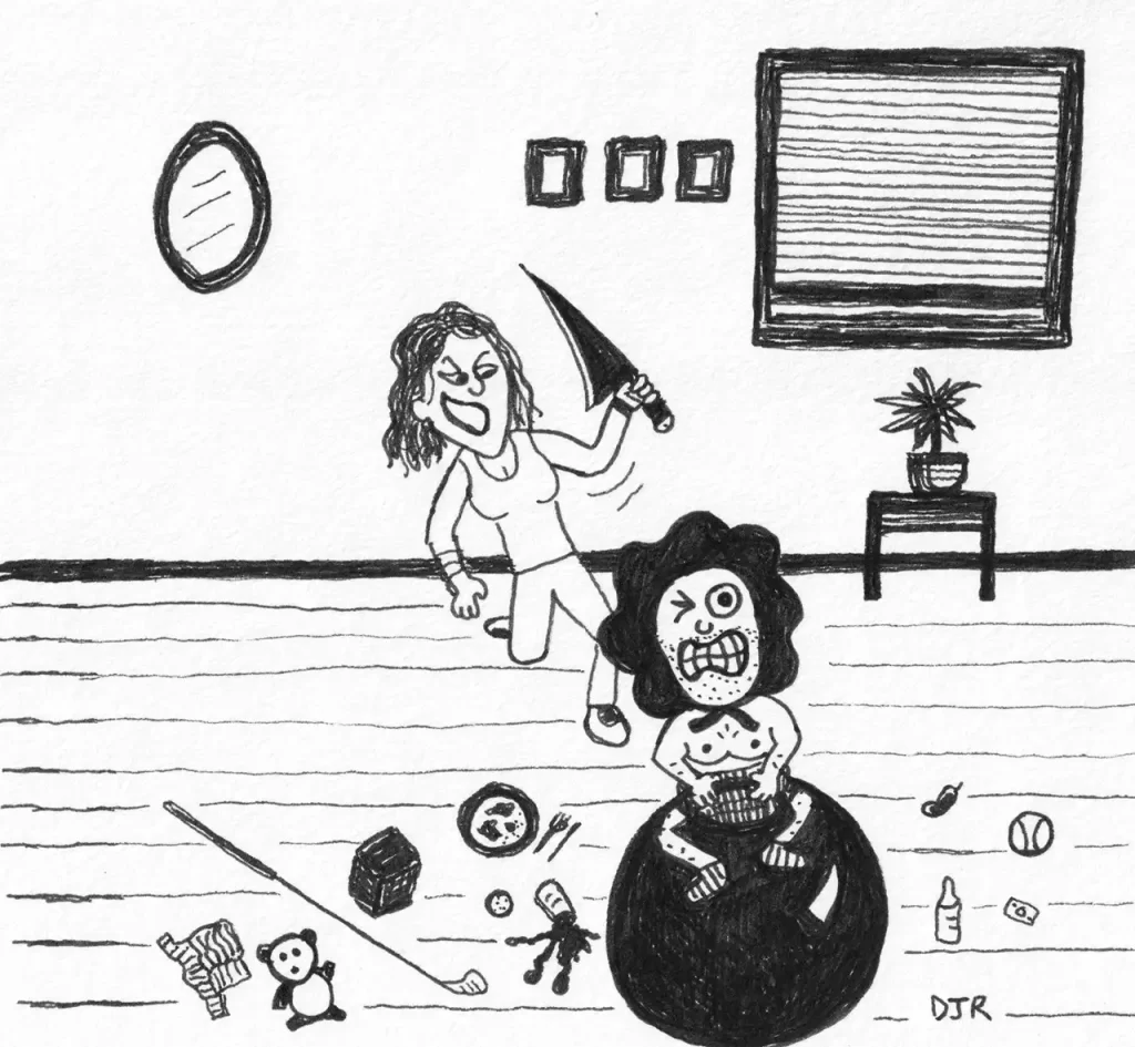 Comic art by Daniel Joshua Rubin featuring an enraged wife rushing to behead a "husbaby" - a monstrous cross between a husband and a baby who is ruining her life.