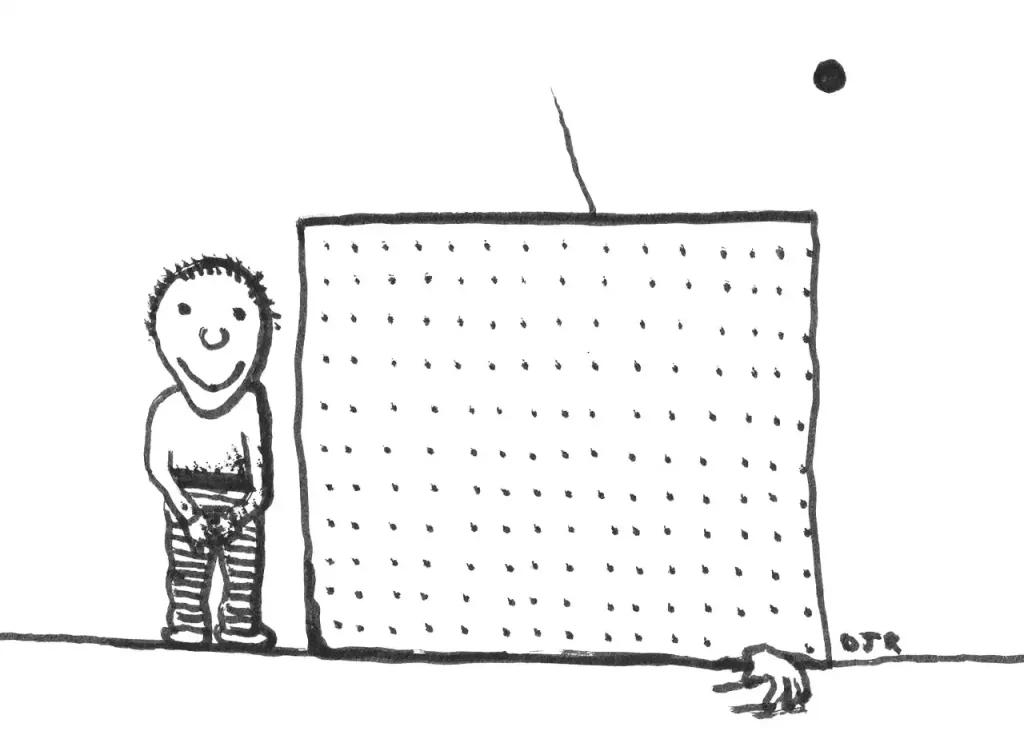 Comic art by Daniel Joshua Rubin featuring a sweet-faced person who has something nefarious going on behind a wall.