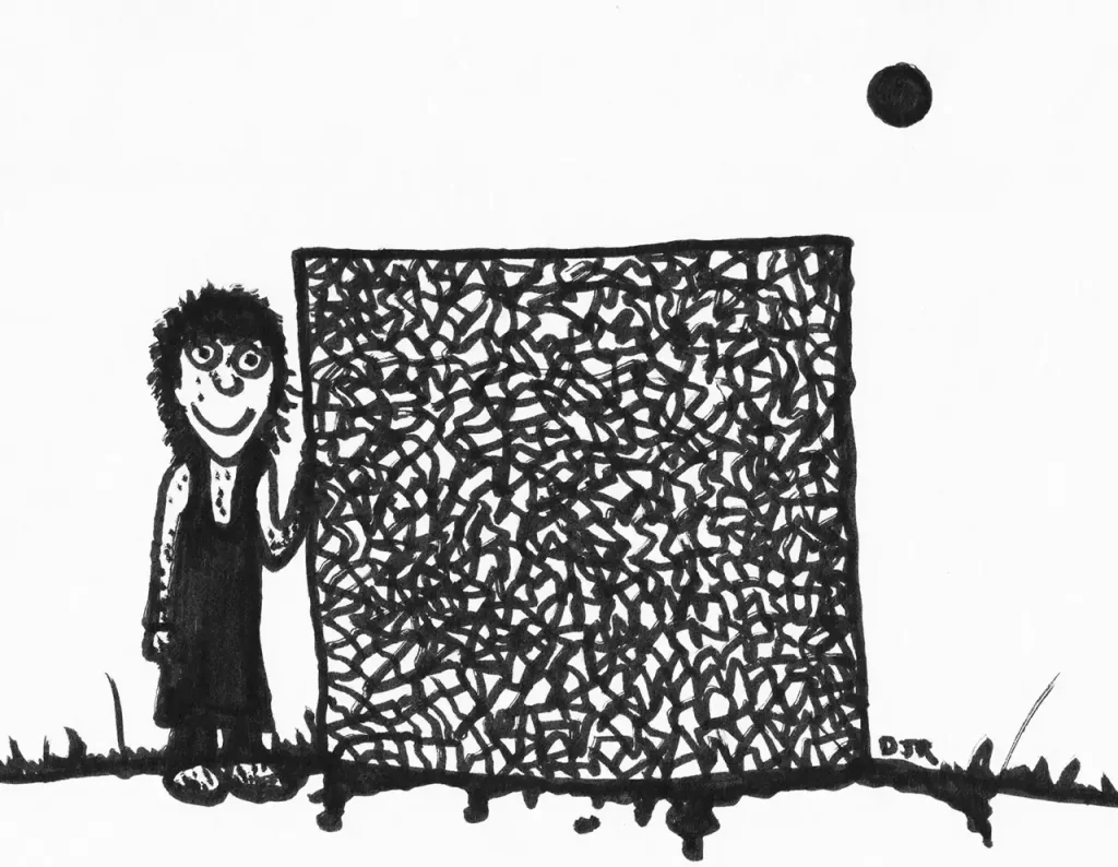 Comic Art by Daniel Joshua Rubin featuring an adorable woman whose done something nefarious behind a wall.
