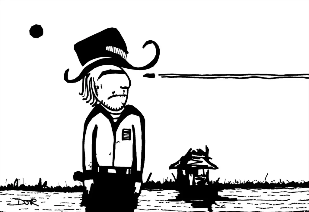 Comic art by Daniel Joshua Rubin featuring a defeated cowboy staring down the bullet sure to kill him.