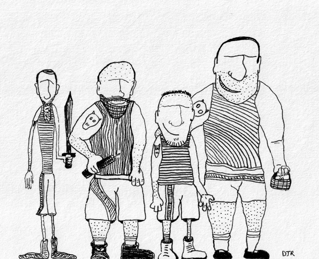 Comic art by Daniel Joshua Rubin featuring four very strong dangerous men wearing shorts and striped tank tops, one holds a sword, another a lit stick of dynamite and one holds a tiny little purse.