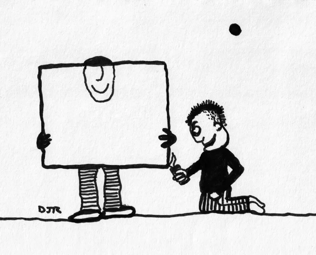 Comic art by Daniel Joshua Rubin featuring a man attempting to light another man's facade on fire.
