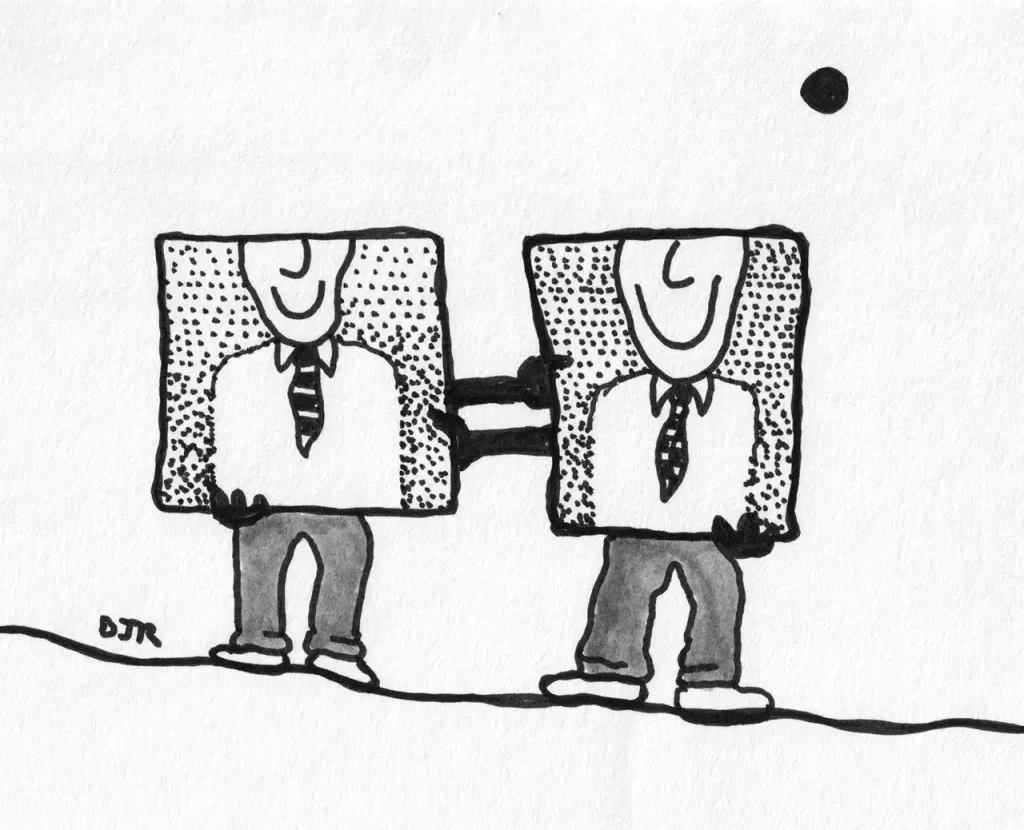 Comic art by Daniel Joshua Rubin featuring two beings hiding behind posers of happy people, each one holding up the other's facade.