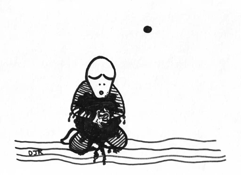 Comic art by Daniel Joshua Rubin featuring a man trying to hold on to a big nasty glop of black liquid.