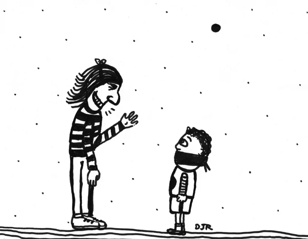 Comic art by Daniel Joshua Rubin in which a large-nosed mother lectures her gagged son.