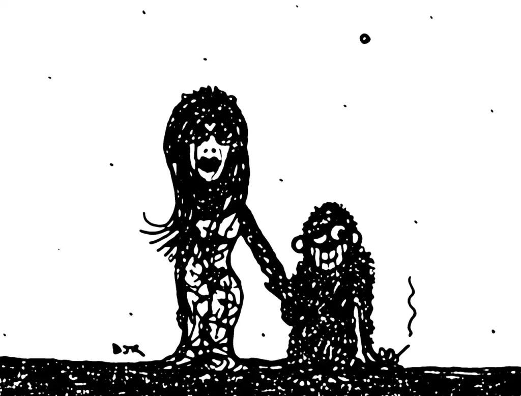 Comic art by Daniel Joshua Rubin featuring a beautiful starlet and her husband, a laughable monkey.