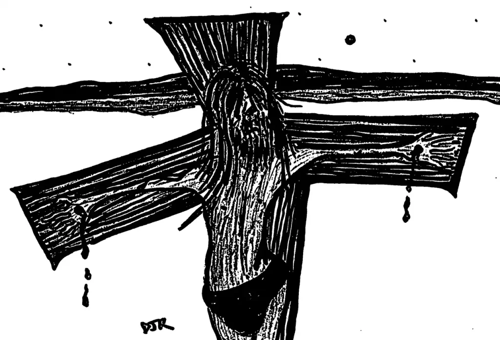 Comic art by Daniel Joshua Rubin featuring a man crucified on a cross, most likely Jesus of Nazareth