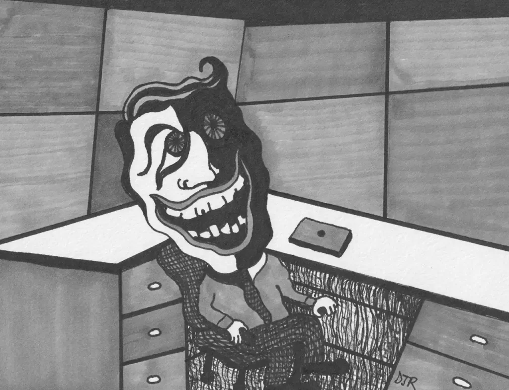 Comic art by Daniel Joshua Rubin featuring a mentally unstable person hiding in his cubicle.
