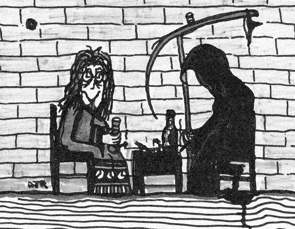 A drawing by Daniel Joshua Rubin of Death and Father Time wasted on drugs after a night of whoring.