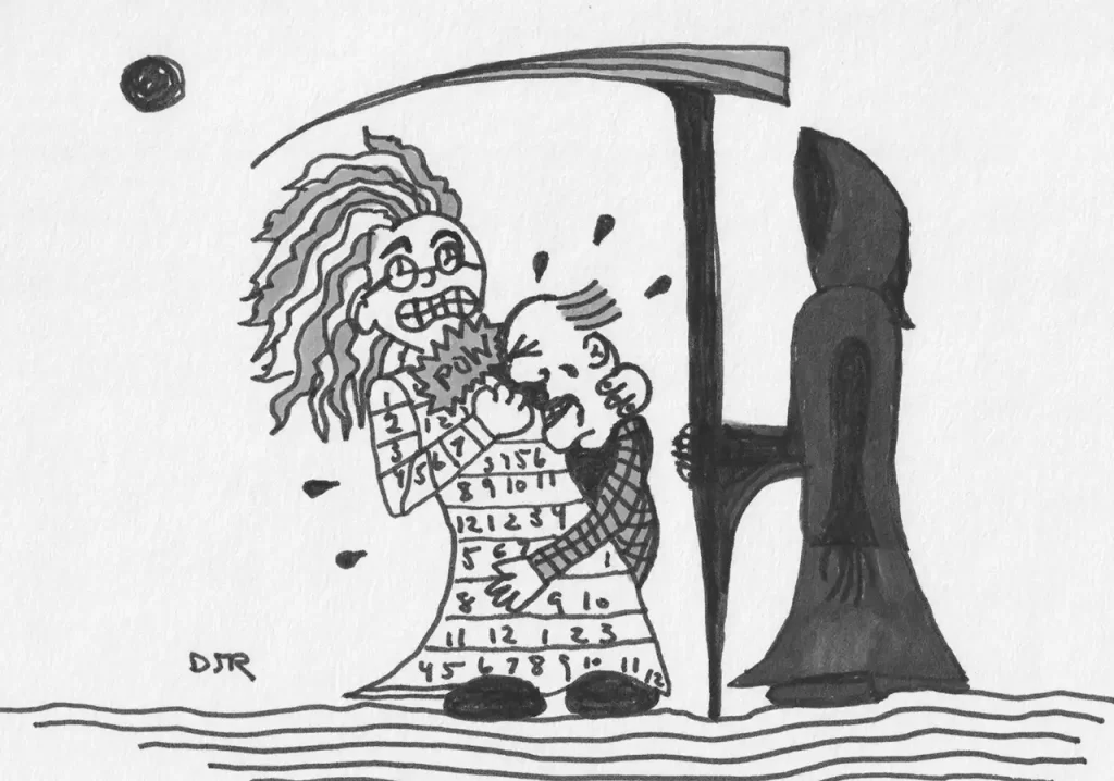 Comic art by Daniel Joshua Rubin in which Death and Father Time put the beatdown on an old geezer.