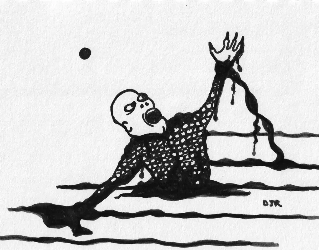 Comic art by Daniel Joshua Rubin featuring an alien-like being struggling to escape chains of quicksand like sticky black goo.