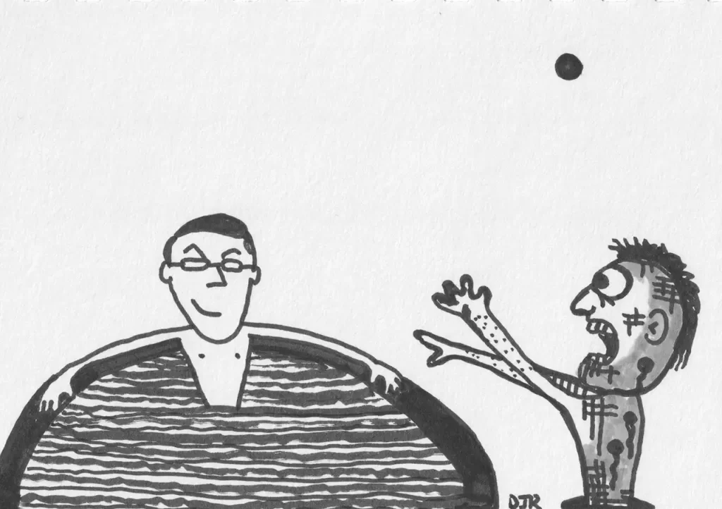 Comic art by Daniel Joshua Rubin featuring a wealthy man in a jacuzzi unperturbed by the terror of a troubled soul nearby.
