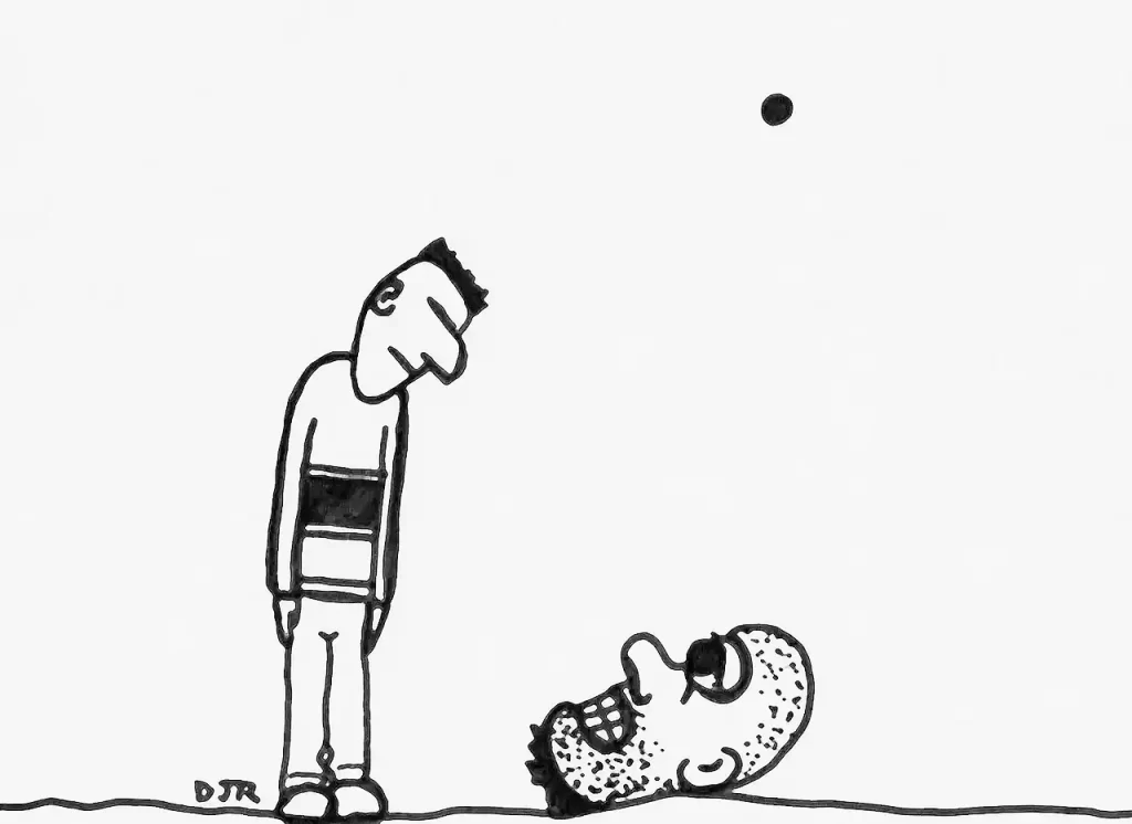 Comic art by Daniel Joshua Rubin featuring a fellow observing a large decapitated human head.