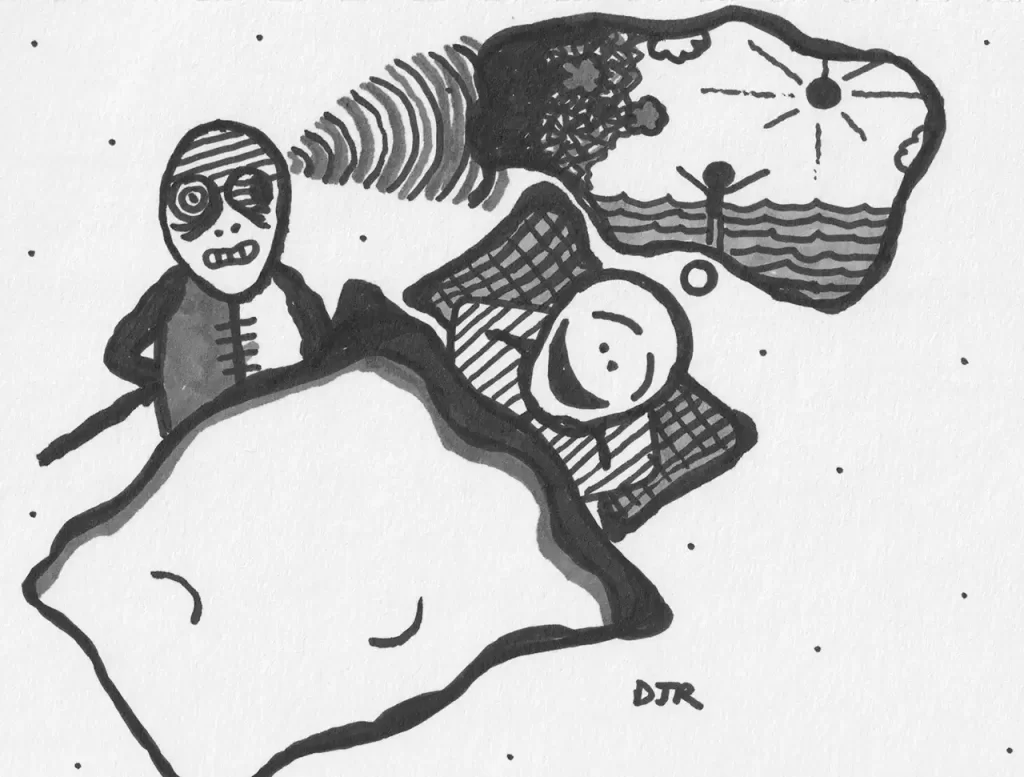 Comic art by Daniel Joshua Rubin featuring a negative fellow destroying the dream of a peacefully sleeping man.