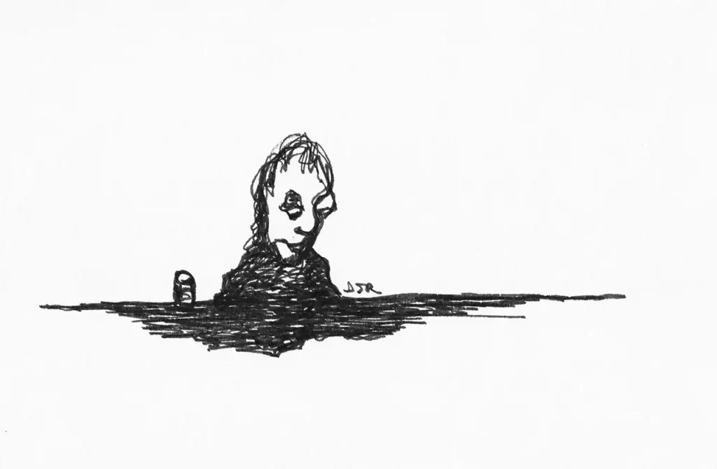 Comic art by Daniel Joshua Rubin featuring a sorrowful person drinking alone.