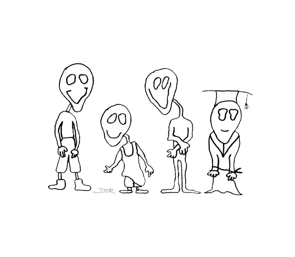Comic art by Daniel Joshua Rubin featuring four menacing characters, one handcuffed and wearing a graduation cap and gown.