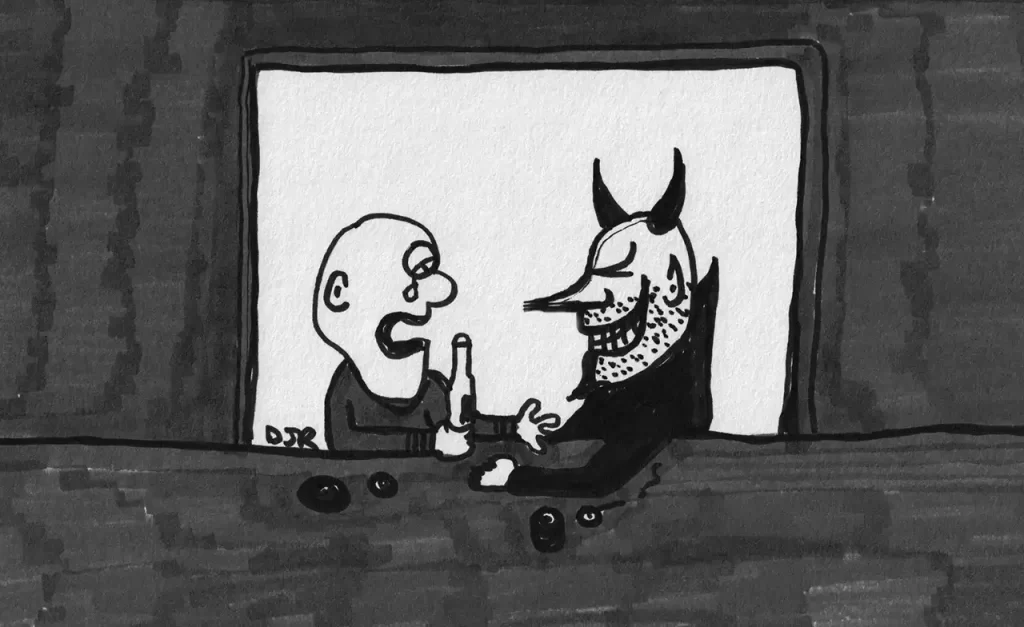 Comic art by Daniel Joshua Rubin featuring a devil amused by the sob story of a brokenhearted fellow.