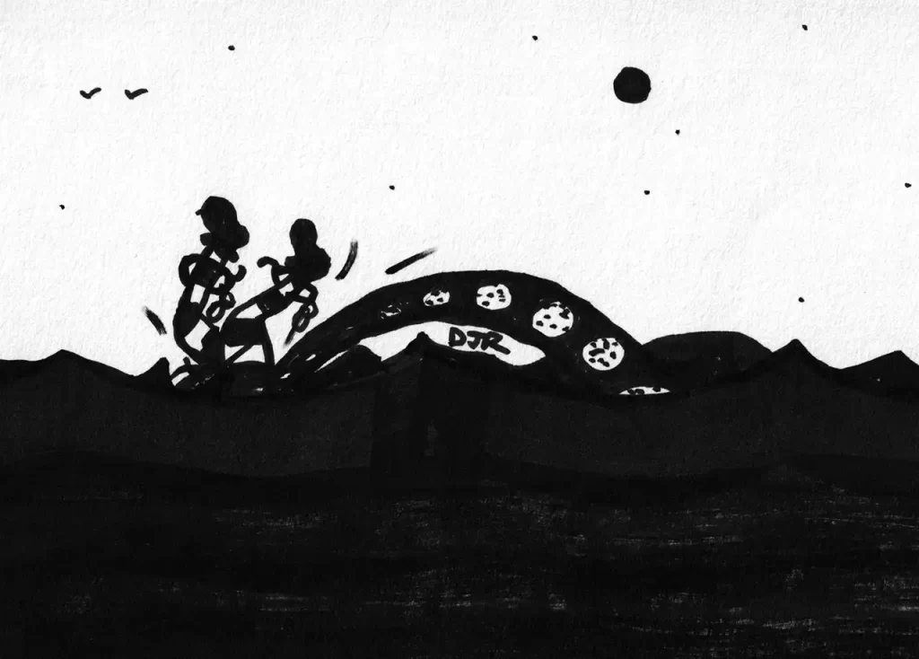 Comic art by Daniel Joshua Rubin featuring a prisoner clad in old time stripes being drowned by the tentacle of a sea monster