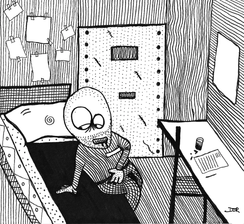 Comic art by Daniel Joshua Rubin featuring a prisoner seated sadly on bed, hand on his stomach in pain, in his cell with a freshly written suicide note on his desk