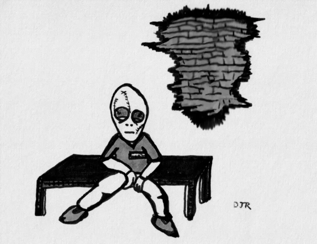 Comic art by Daniel Joshua Rubin featuring a wounded prisoner, utterly alone, envisioning his dream as a brick wall