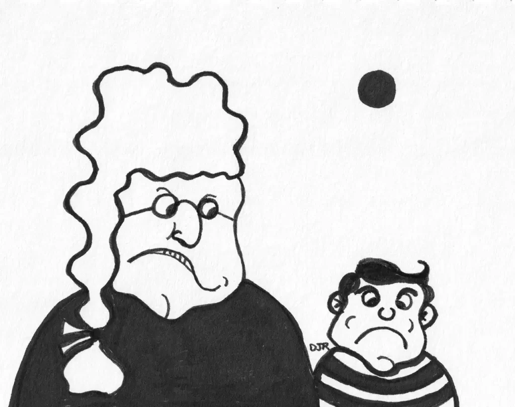 Comic art by Daniel Joshua Rubin featuring a judge scowling with absolute disgust at this tweenage son.