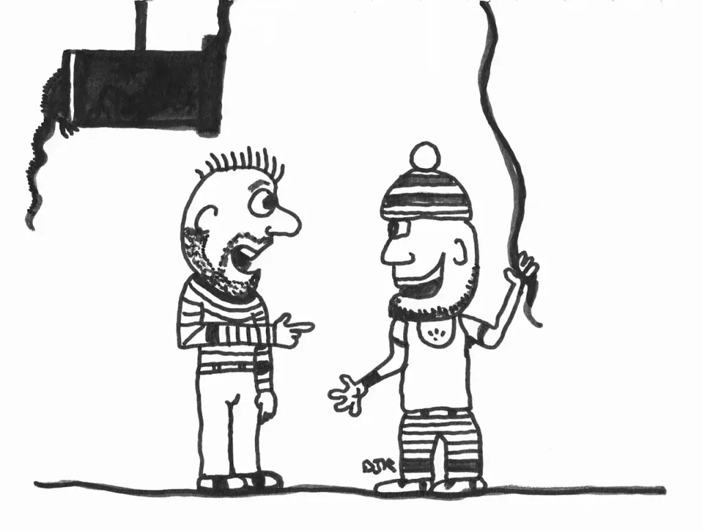 Comic art by Daniel Joshua Rubin featuring two guys doing small talk and one about to secretly release a vicious animal onto the other guy's head.
