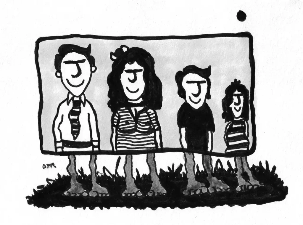 Comic art by Daniel Joshua Rubin featuring a family of alien beings holding up the facade of a normal happy family.