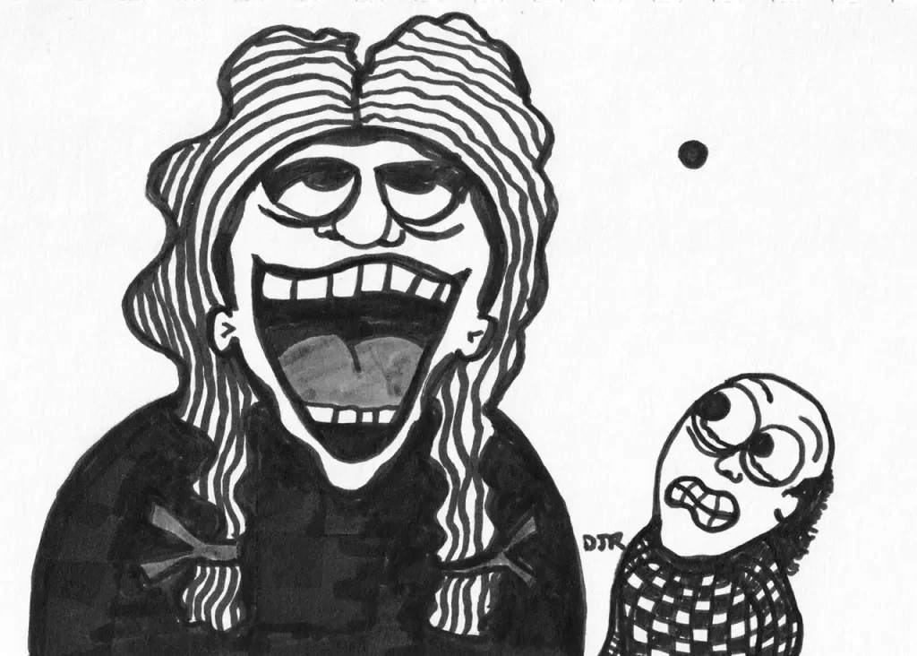 Comic art by Daniel Joshua Rubin of a judge guffawing at a humiliated little wannabe poet.