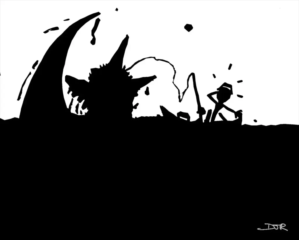 Comic art by Daniel Joshua Rubin of a stick figure fisherman shocked by the giant bat like wolf monster he's caught.