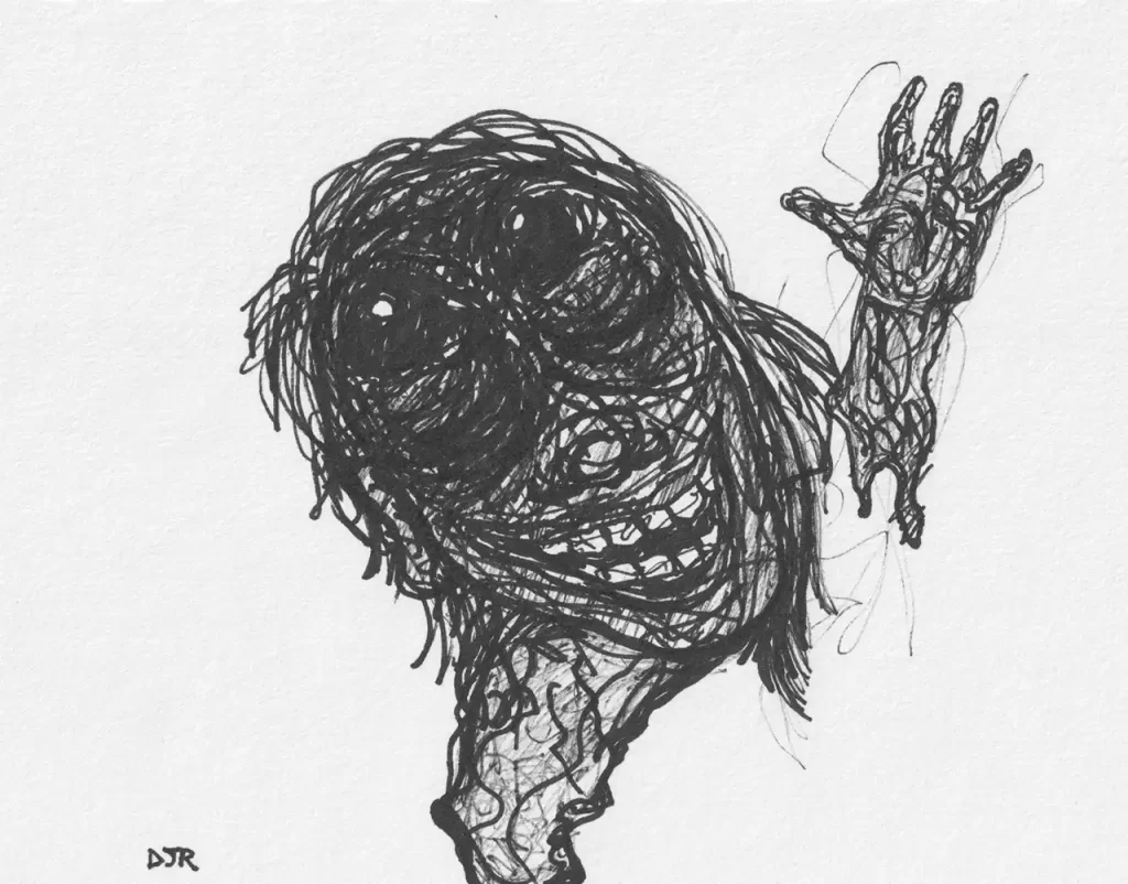 A sketch by Daniel Joshua Rubin of a guilty fool appealing to God for a "break."