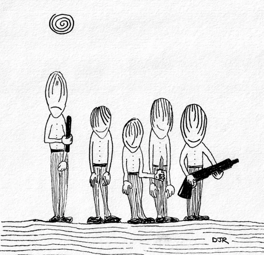 Comic art by Daniel Joshua Rubin featuring five identically dressed hillbillies holding various weapons.