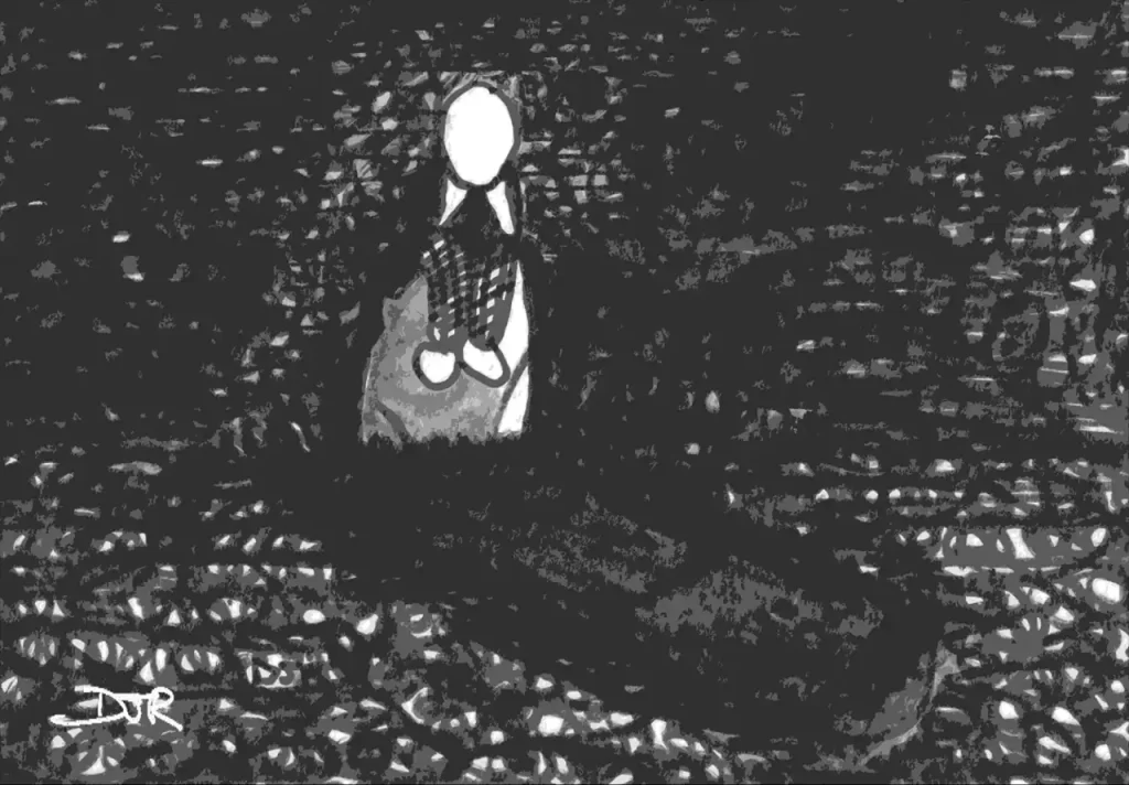Comic art by Daniel Joshua Rubin featuring a contemplative fellow sitting on a gravestone looking into a freshly dug grave late at night.