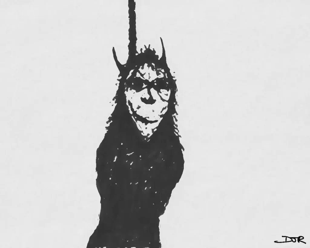 Comic art by Daniel Joshua Rubin featuring a remorseless devil about to be hanged.