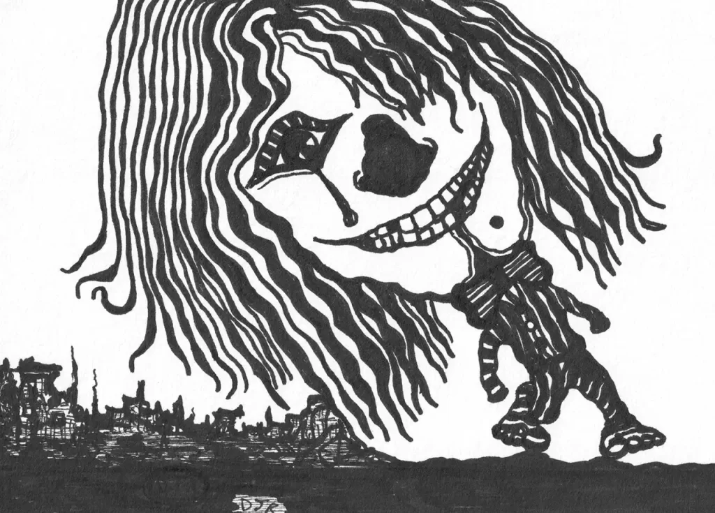 Comic art by Daniel Joshua Rubin featuring a clown like being strolling through a war zone.