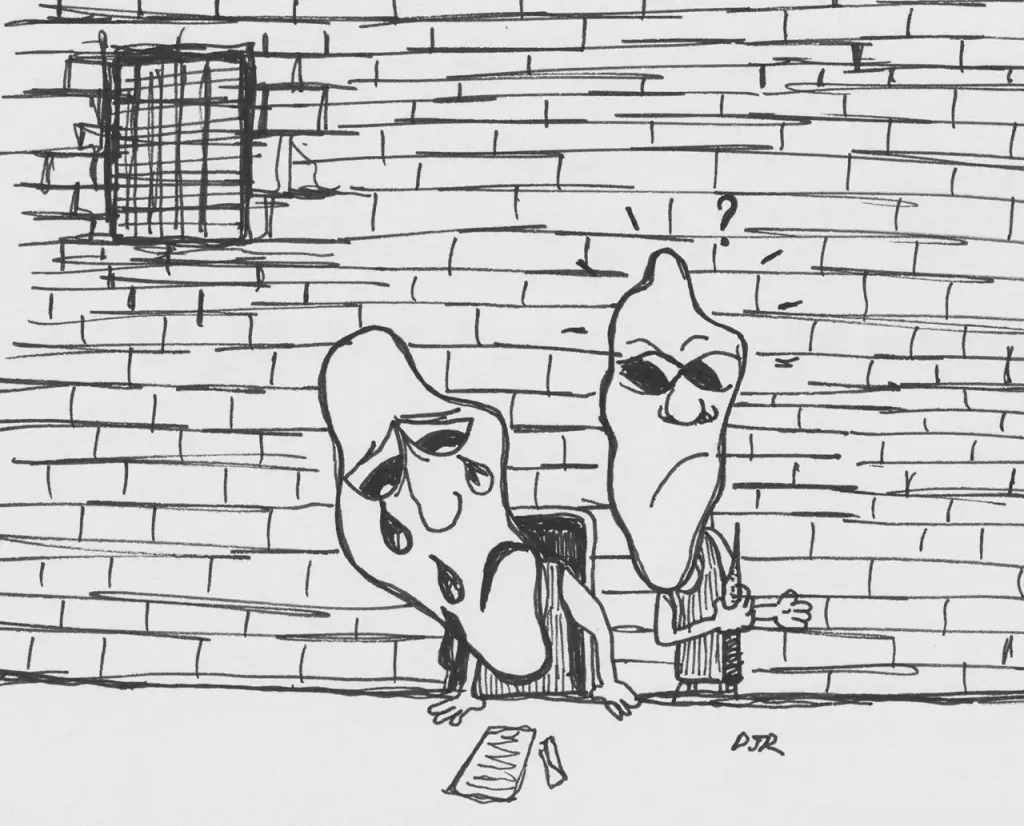 Comic art by Daniel Joshua Rubin featuring two prisoners with oddly shaped heads, and one refraining from shanking his bro when he sees the man's vulnerability and humanity.