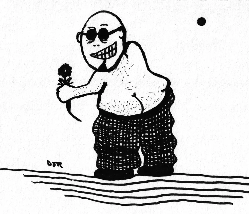 Comic art by Daniel Joshua Rubin featuring a chubby man shirtless man with his hairy bum crack showing as he looks sexily over his shoulder holding a rose.
